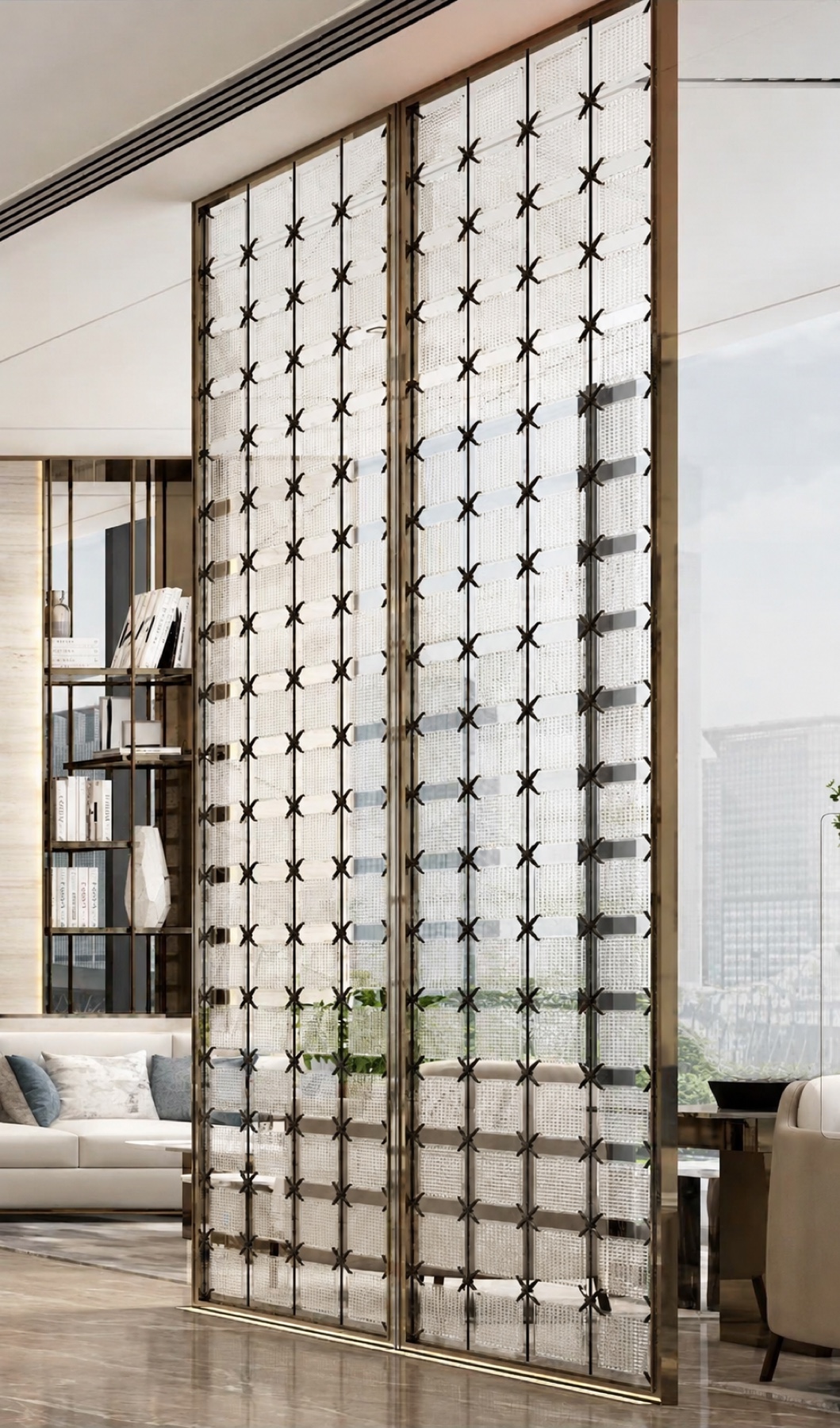 Full-height crystal screen with metal framing in a completed interior project