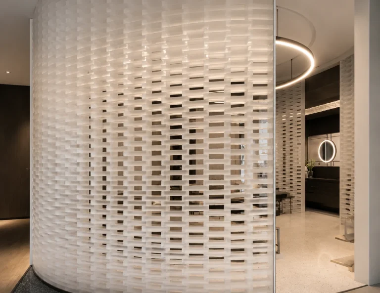 Curved frosted glass brick wall for commercial interior design