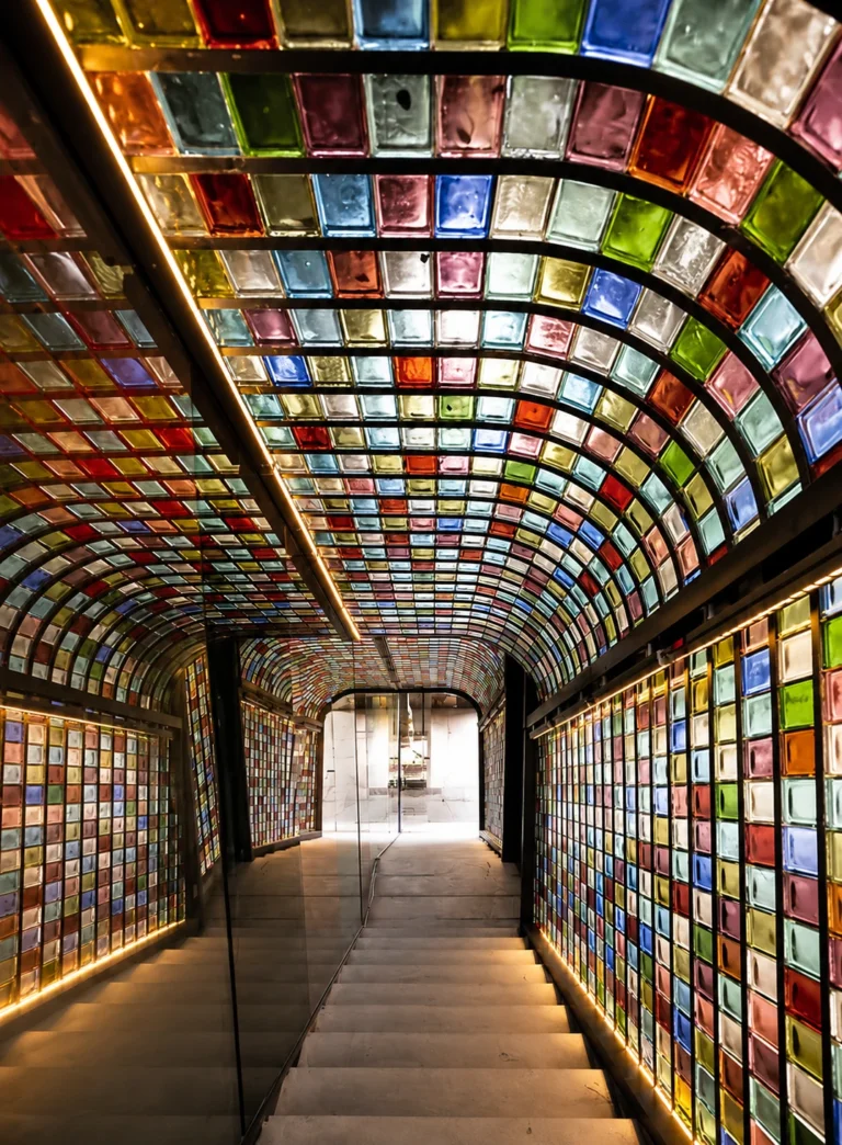 Colorful glass brick wall and ceiling installation for commercial interiors