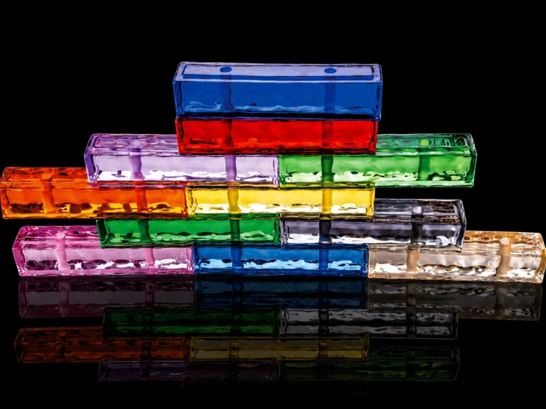 Colored crystal glass brick modules in multiple transparent colors