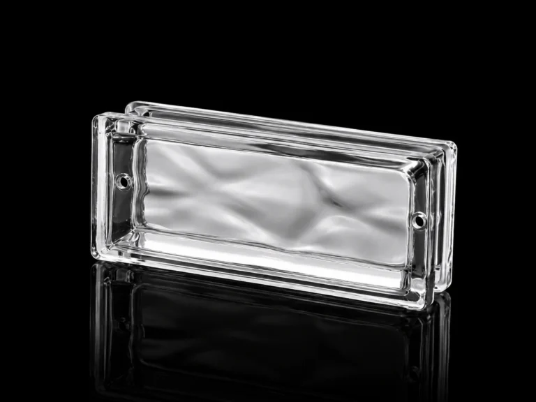 Textured glass brick module with reinforcement holes and polished edges