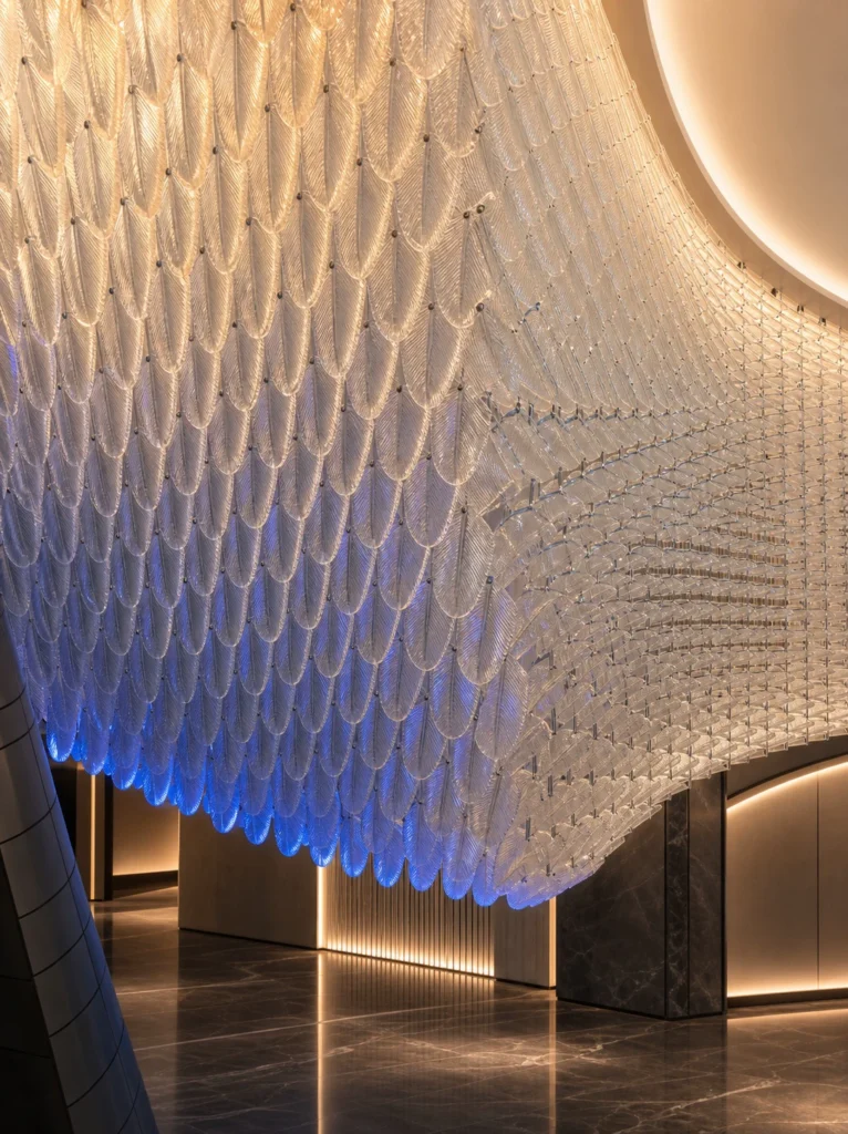 Feather & Leaf Crystal Panels used in a custom interior crystal screen application