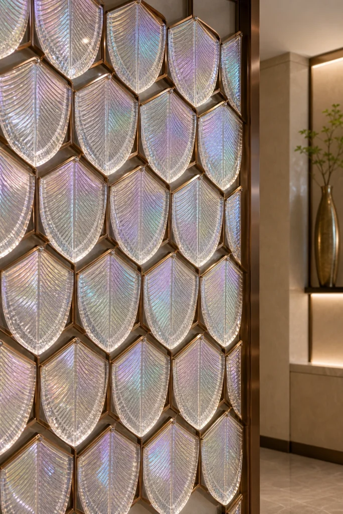 Feather & Leaf Crystal Panels used in a custom interior crystal screen application