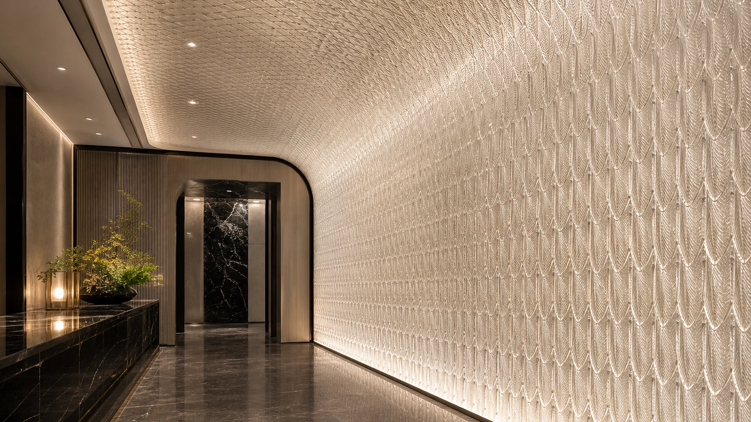 Feather & Leaf Crystal Panels used in a custom interior crystal screen application