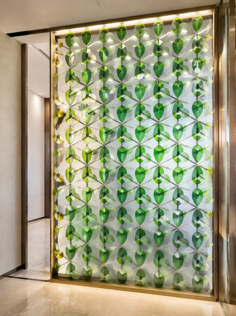 Feather & Leaf Crystal Panels used in a custom interior crystal screen application