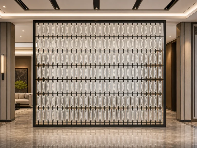 Full black metal frame supporting rectangular crystal modules in a custom screen system