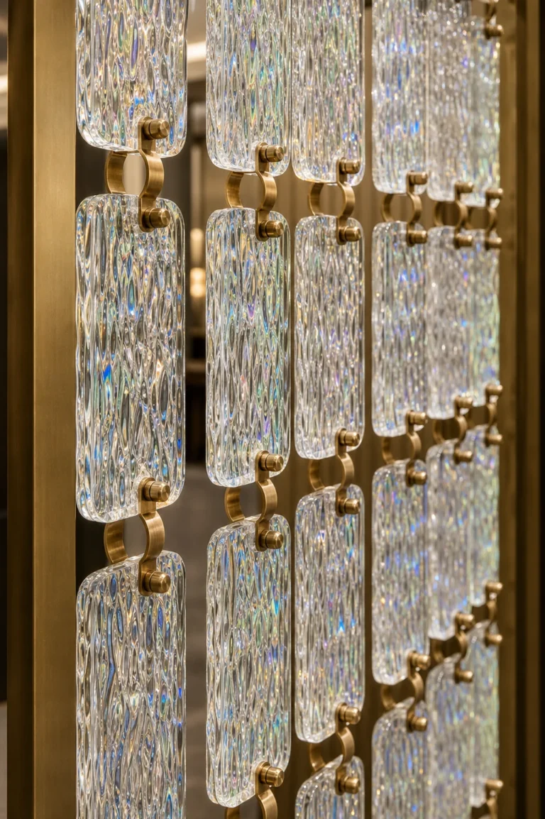 Close-up of black metal tabs and bolts connecting rectangular crystal modules to a frame