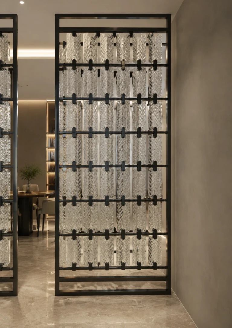 Tall custom crystal screen with perimeter frame, horizontal rails and repeated crystal modules